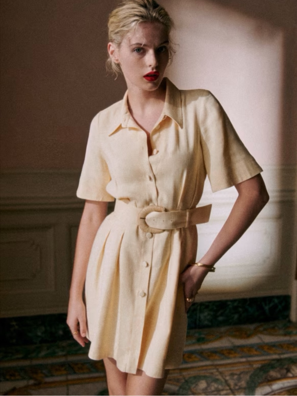 SEZANE Buttercream Ecru Linen Button Down Belted Mini Shirt Dress Gemma Dress - Picture 15 of 16